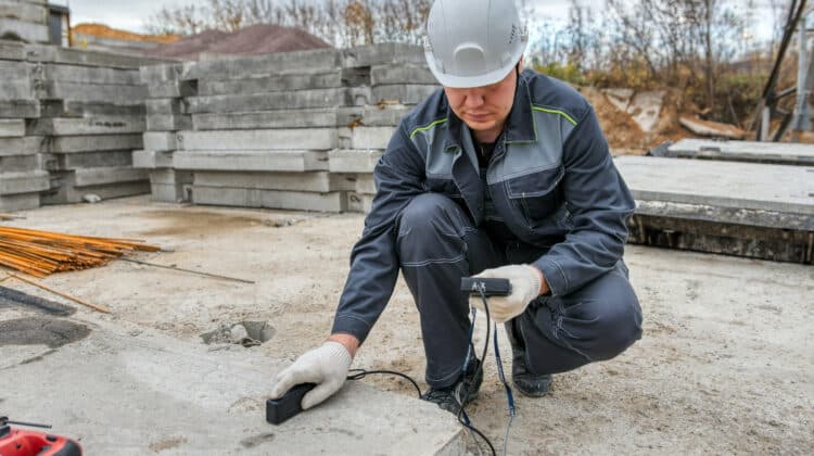 A male laboratory assistant checks the concrete slab