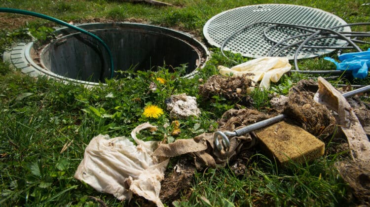 Unclogging septic system Cleaning and unblocking drain full of disposable wipes and other non biodegradable items
