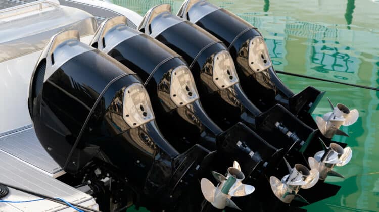 Four-speed motor boat on the ocean The engine of a marine power boat at sea