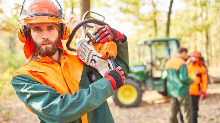 Forester in hardhat working with chainsaw in forest People with protective gear