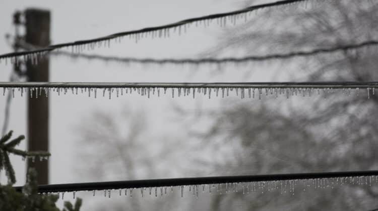 Icy power lines after an ice storm in Northern Minnesota