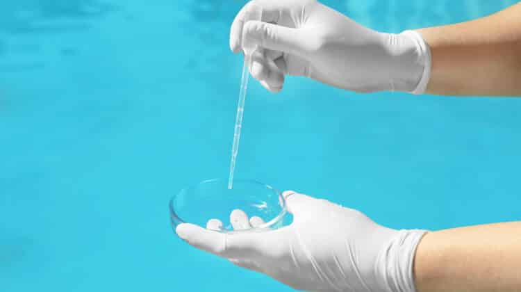 Woman dripping sample of swimming pool water into Petri dish to check PH level outdoors closeup