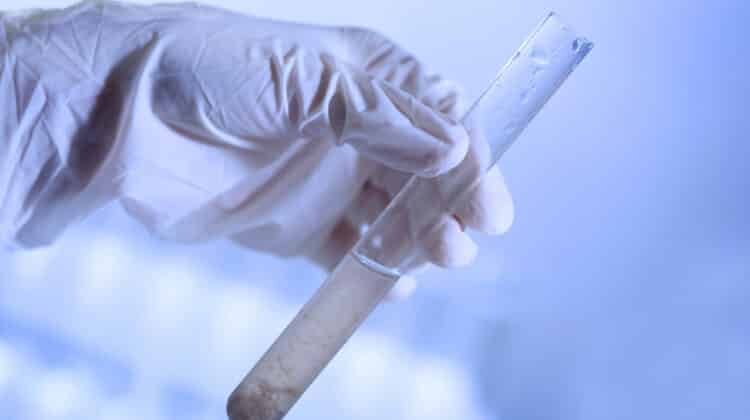 Hand in glove holding test tube with contaminated water in laboratory closeup