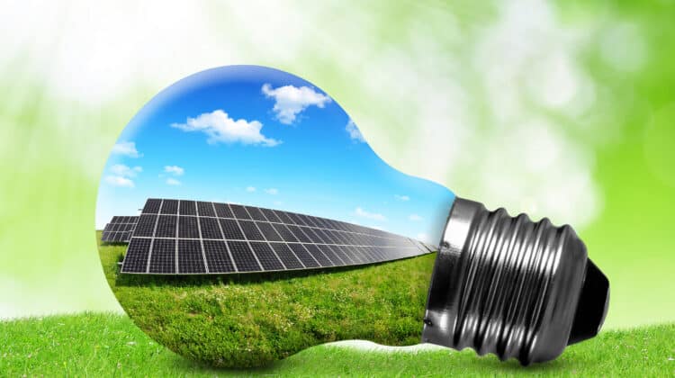 Solar panels in light bulb Green energy concept