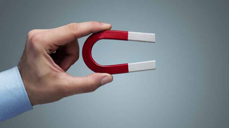 Male hand holding horseshoe magnet with copy space