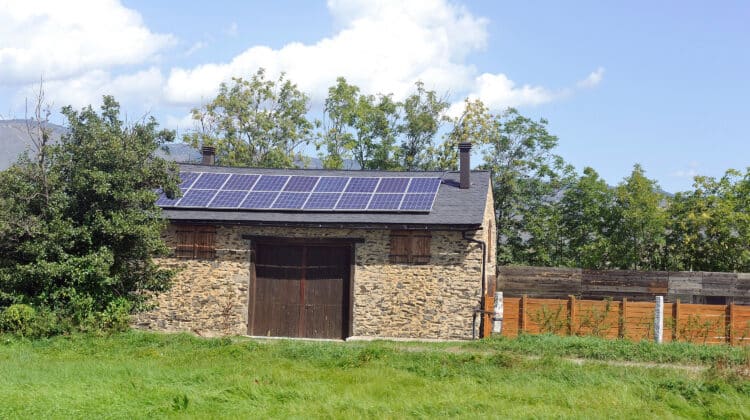 solar roof on a very small barn in a village in the Pyrenees