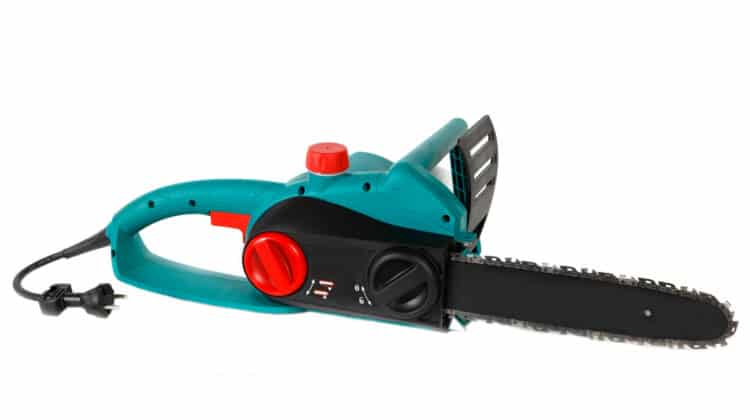 electric saw with green blades and chainsaw isolated on white background Electric cutting tool for cut and plugging metal chains and wires