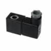 Black solenoid coil with plug socket for control valve, isolated