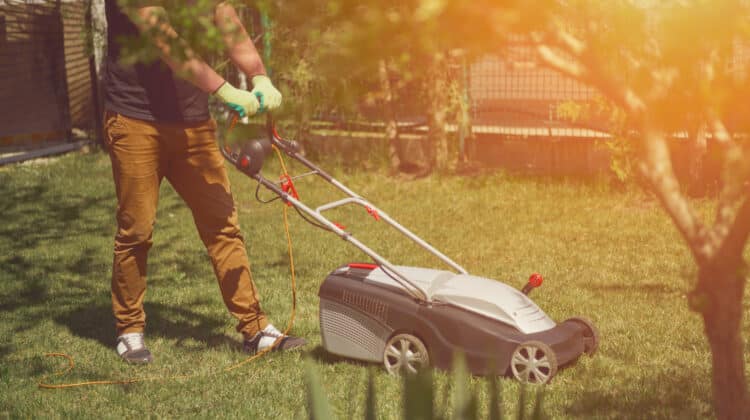 Young worker in casual clothes and gloves is mowing green grass with lawn mower on a yard Gardening care equipment and services