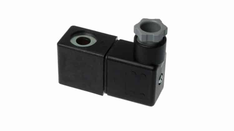 Black solenoid coil with plug socket for control valve, isolated